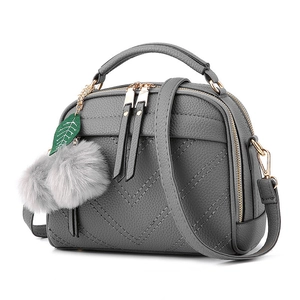 Women Handbag Shoulder Bag PU Leather Lychee Pattern V-Quilted Zippered With Pompom Pendant Elegant Stylish
