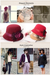 Detail view of elegant wool felt fedora hats with mesh flowers and vintage satin ribbon