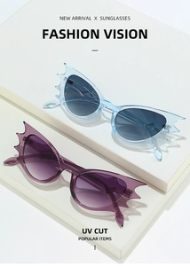 Macro detail of batwing cat eye sunglasses with flame lenses and UV protection