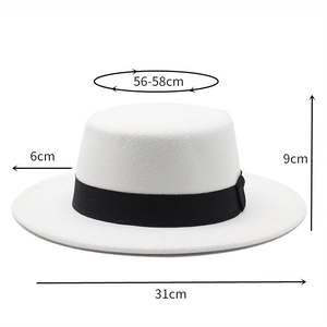 White wool fedora boater hat with black ribbon and dimensions of 56-58cm circumference