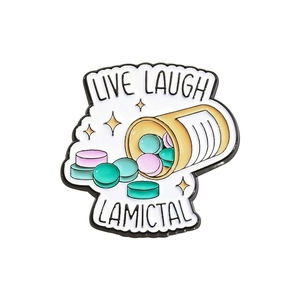 Cartoon enamel pin featuring a spilling pill bottle with Live Laugh Lamictal text design