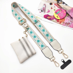 Adjustable bohemian style woven crossbody phone strap with white leather coin purse and gold clips