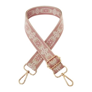 Ethnic style colorful jacquard wide bag strap with pink geometric pattern and gold hooks