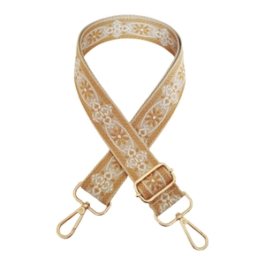 Detail view of 3.8cm ethnic jacquard bag strap with golden floral embroidery and metal clips
