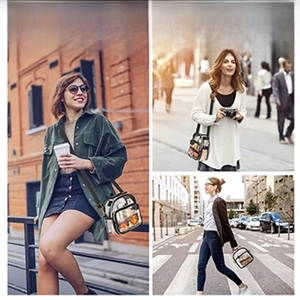 Detailed views of clear TPU crossbody bag showing shoulder and handbag carrying styles