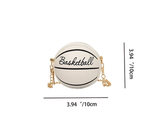Mini white basketball shaped chain bag featuring 3.94-inch diameter measurement detail