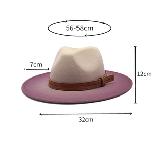 Detail view of a two-tone gradient fedora hat featuring size dimensions and leather band