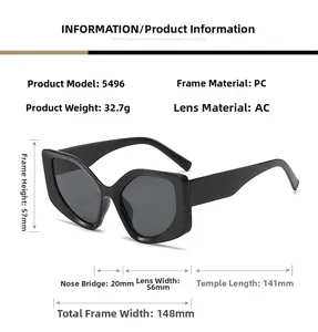 Detailed size specifications of trendy black thick frame cat eye sunglasses model 5496