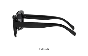 Side view of black butterfly frame sunglasses with glossy finish and wide temples