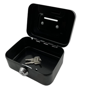 Detail showing open black metal portable cash box with two keys and coin slot