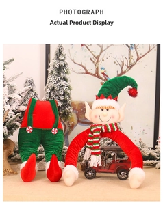 Detail of Christmas elf plush ornaments with peppermint buttons and snowy pine background