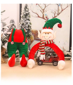 Detailed plush Christmas elf doll set with red white scarf and peppermint buttons decor