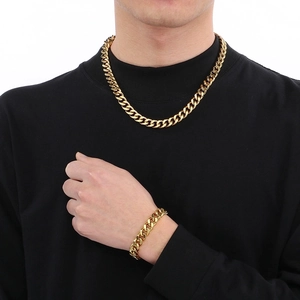 Classic golden stainless steel Cuban link necklace and bracelet set for hip hop style