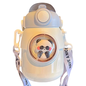 Cute panda insulated water bottle for kids in cream white with strap and pop lid