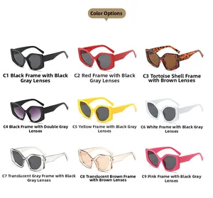 Grid view of chunky hexagonal sunglasses in nine trendy colors including black and tortoise