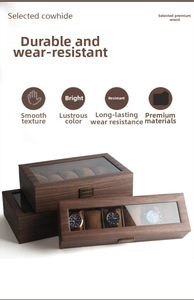Detail of wood grain leather watch box with transparent window and vintage metal lock