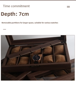 Detail view of wooden watch box with removable dividers and 7cm internal depth