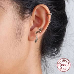 S925 sterling silver geometric bead and snake earrings set shown on a model ear