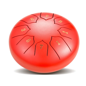 Top view of red steel tongue drum featuring 8 notes with golden number engravings