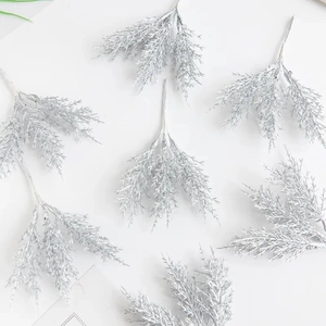 Artificial silver cedar sprigs with glitter finish for DIY wreaths and holiday decoration