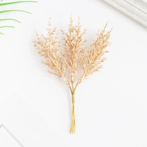 Golden artificial cedar branch with three-forked stems for DIY floral crafts and decor