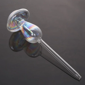 Iridescent mushroom glass self-watering globe for potted plants on a black background
