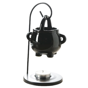 Cauldron-shaped ceramic oil burner set with black metal hanging stand and tea light