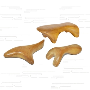Three-piece ergonomic natural wood Gua Sha tool set for body massage and wellness