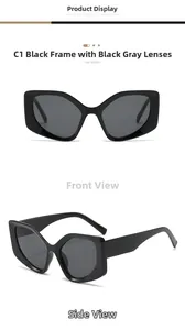 Detail view showing black geometric cat-eye frame and grey lenses from two angles