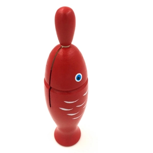 Traditional red wooden fish percussion instrument with white stripes and blue eyes