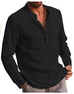 Detail of men's black linen shirt featuring a three-button Henley collar and chest pocket