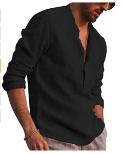 Detail of black linen shirt showing long sleeves and casual V-neck stand collar design