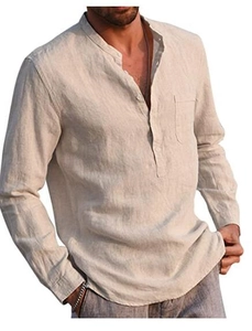 Close-up of men's linen beach shirt featuring Henley collar and front chest pocket