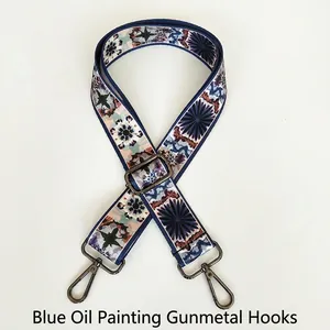 Detail of blue oil painting style jacquard bag strap with dark grey metal lobster clasps