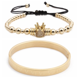 Gold Roman numeral bangle and beaded crown charm bracelet set for women