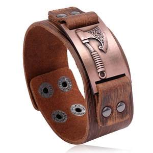 Nordic viking axe brown leather wide cuff bracelet with bronze metallic clasp