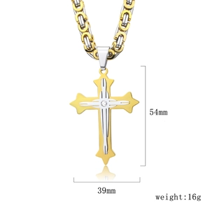 Men's two-tone iced-out cross necklace in titanium steel with detailed size dimensions