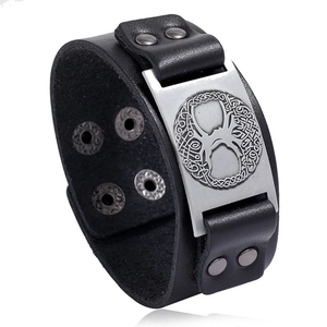 Vintage Men Wide Leather Bracelet With Cowhide Alloy Tree Of Life Celtic Knot Punk Woven Adjustable Snap Braid