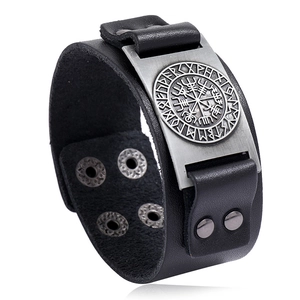 Viking Compass Leather Bracelet Vintage Runic Nordic Mythology Wide Wristband Alloy Snap Button Jewelry For Men