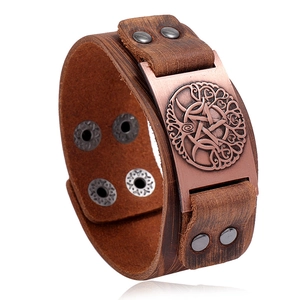 Nordic Viking tree of life leather bracelet with bronze Celtic knot and pentagram charm