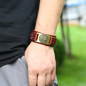 Brown leather Tree of Life bracelet for men featuring a vintage bronze metal plate