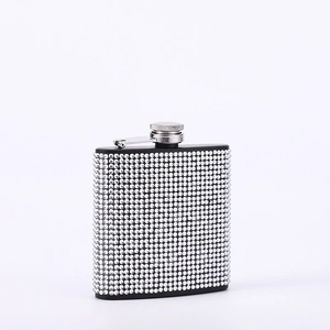 Portable 6oz black hip flask with sparkling silver rhinestones and metal screw cap