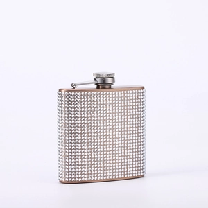 Detail shot of 6oz stainless steel hip flask decorated with sparkling rhinestones