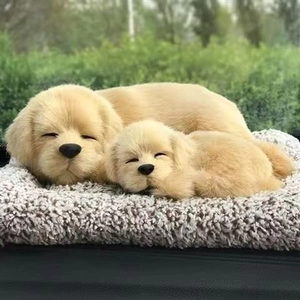 Close-up of lifelike golden retriever plush toys on a soft grey rug with green background