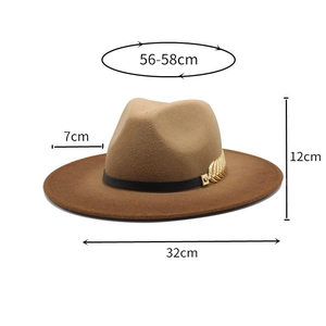 Detailed dimensions of brown wool fedora hat with metal leaf and black ribbon detail