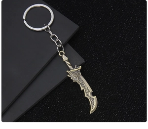 Detailed view of an antique bronze dragon-patterned metal sword keychain with ring