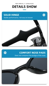Detail view of solid hinge and comfortable nose pads on black bat-shaped sunglasses