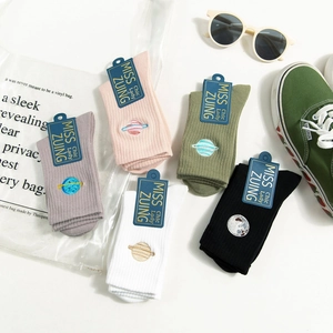 Five pairs of Japanese preppy style cotton socks with planet embroidery in candy colors