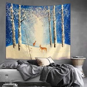 Detail showing high-quality winter forest scene tapestry with deer for bedroom decor