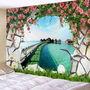 Detail of 3D landscape tapestry featuring pink roses and tropical sea view for bedroom decor